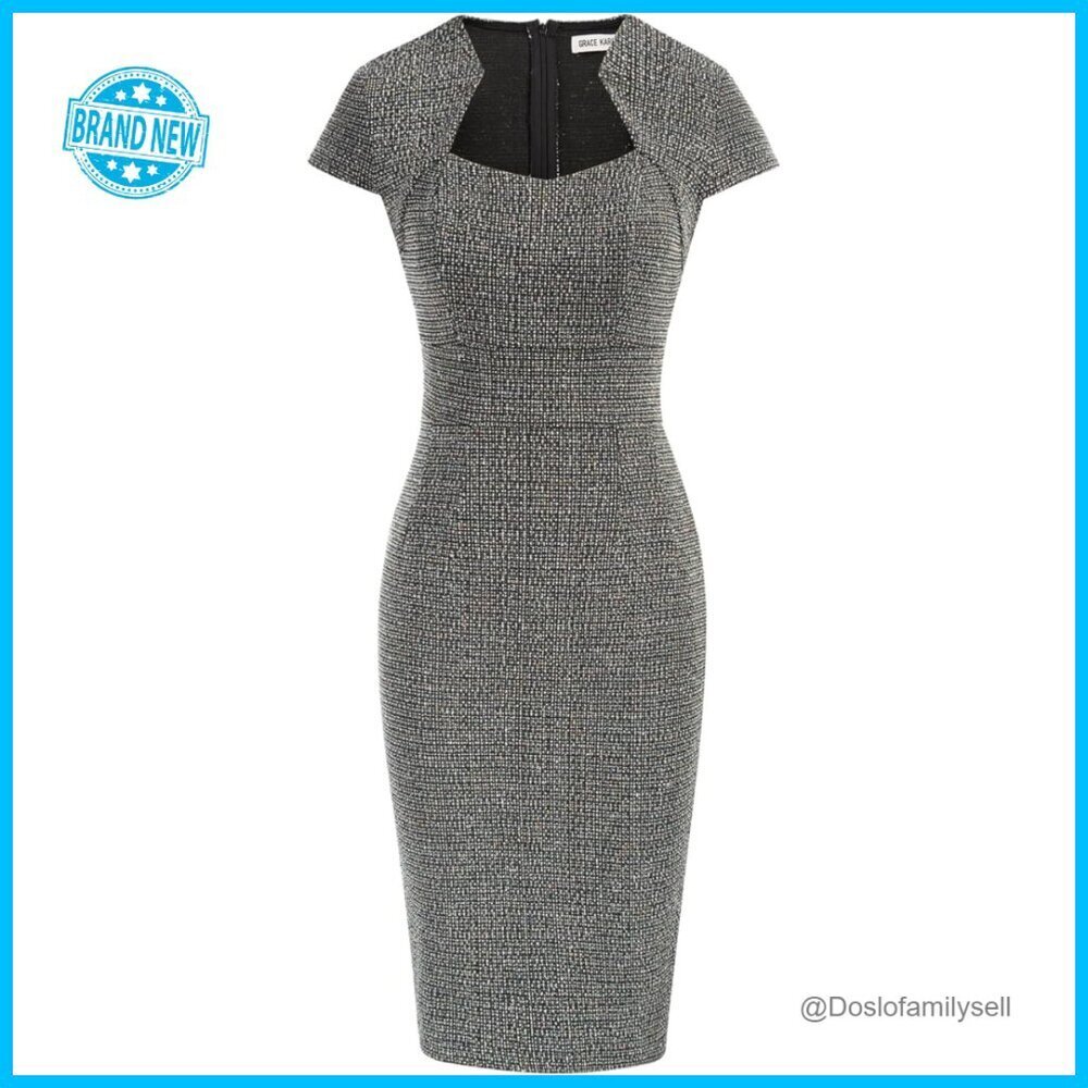 Tweed Pencil Dress Cap Sleeve V-Neck Elegant Work Wear Retro Bodycon